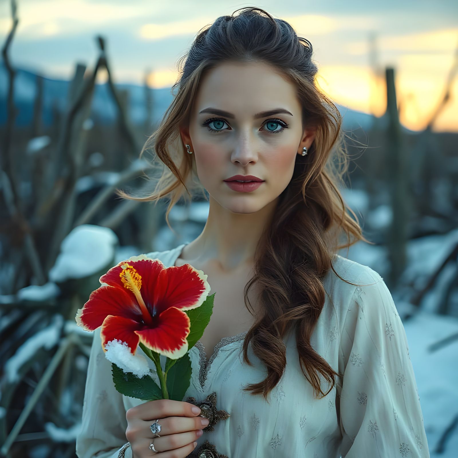 Woman with Hibiscus in Winter Landscape