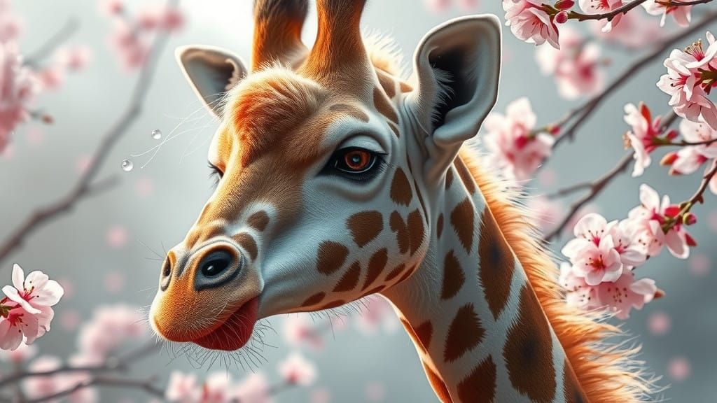 Giraffe Amidst Cherry Blossoms in Ethereal Light