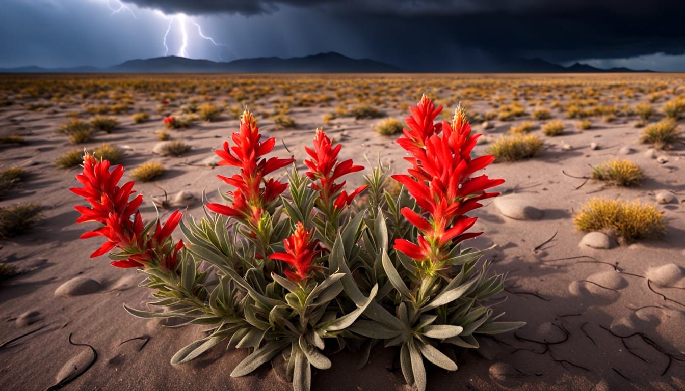 Red Indian Paintbrush growing  in barren playa, in a violent thunderstorm. Lightning, rain, dark clouds.