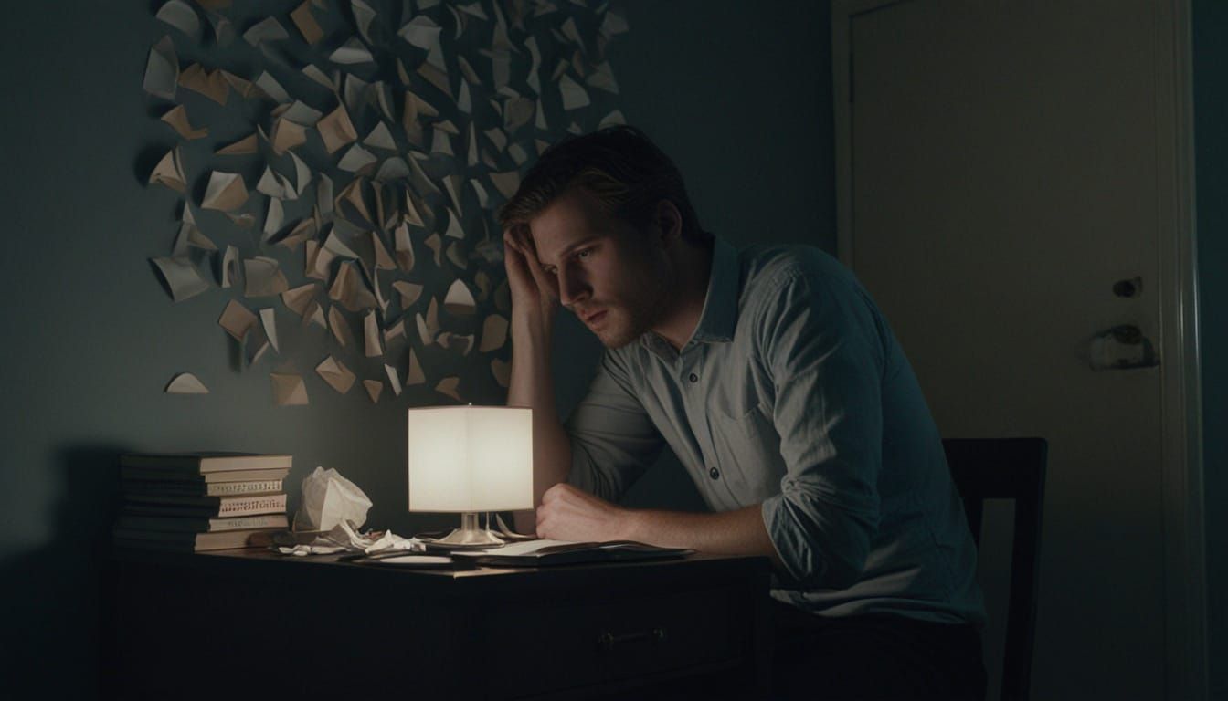 Surreal Nightstand Scene with Swirling Faces in Cold Blue To...