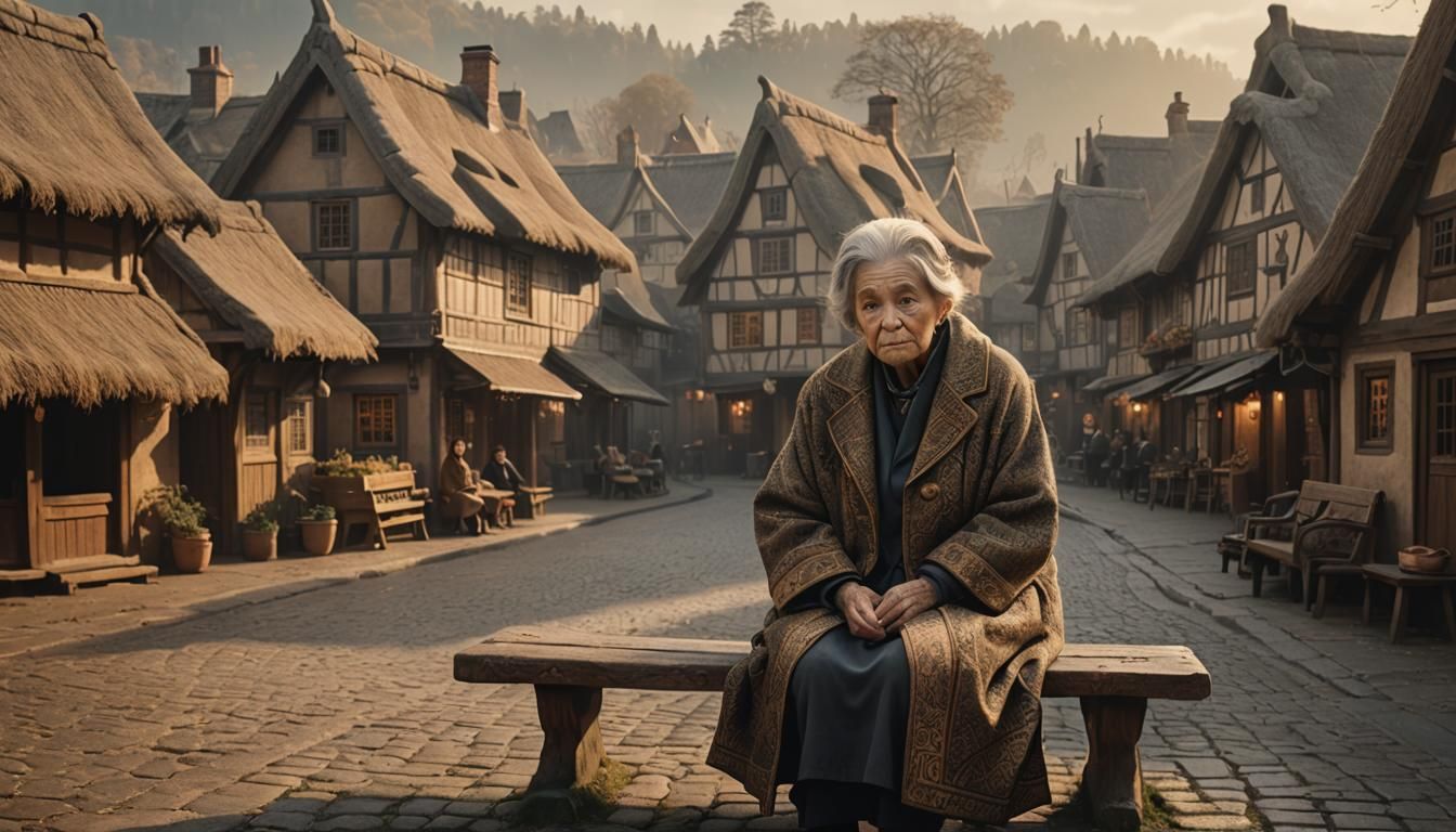 Misty Village Square Scene at Golden Hour