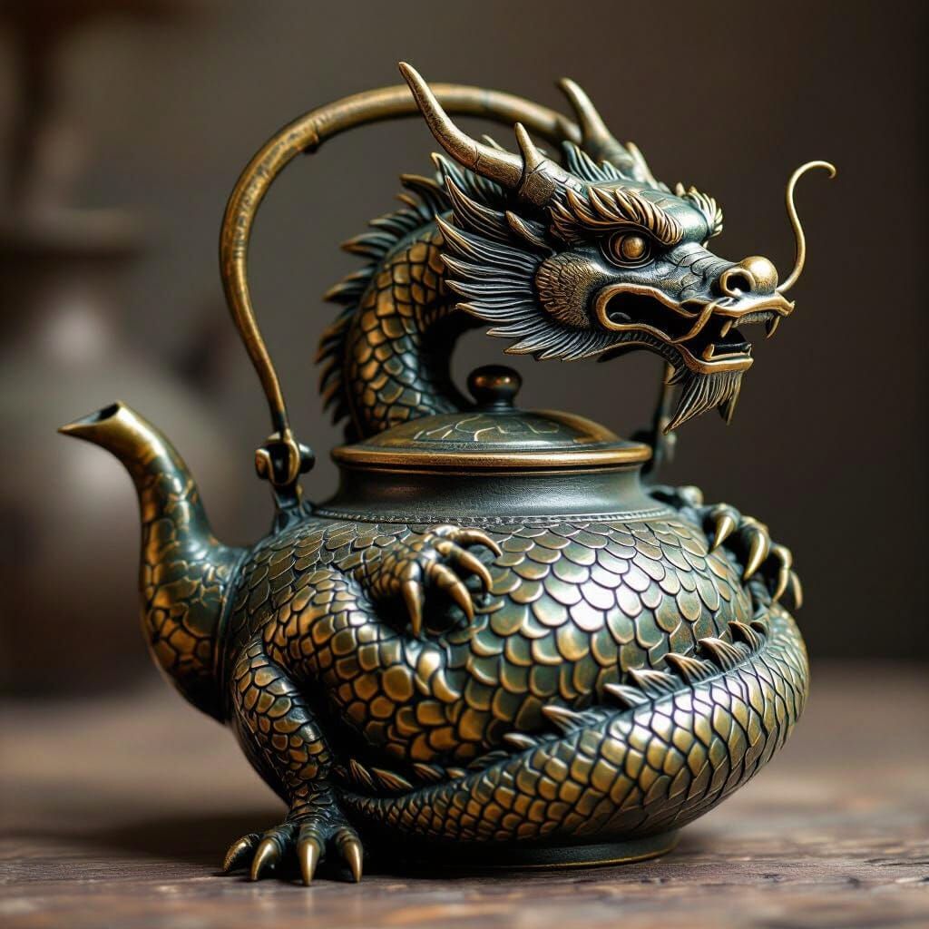Photorealistic Bronze Dragon Teapot with Aged Patina