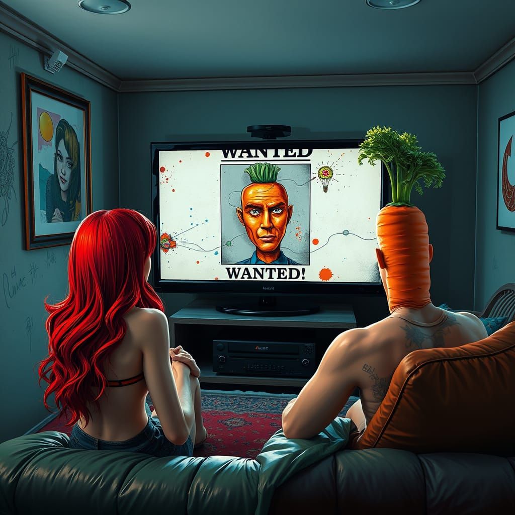 Pin-Up Girl and Carrot Watch TV in Graffiti Art