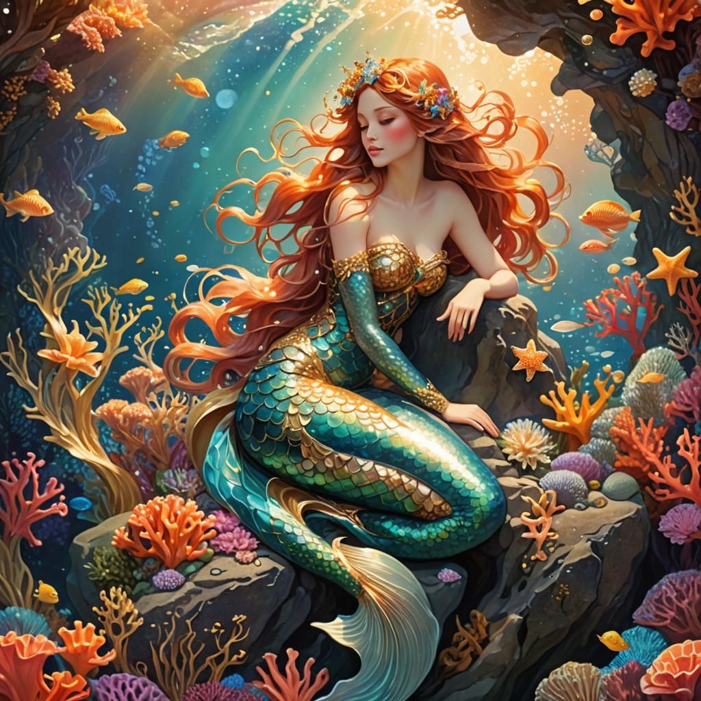 Mermaid in Coral Reef: Art Nouveau Illustration