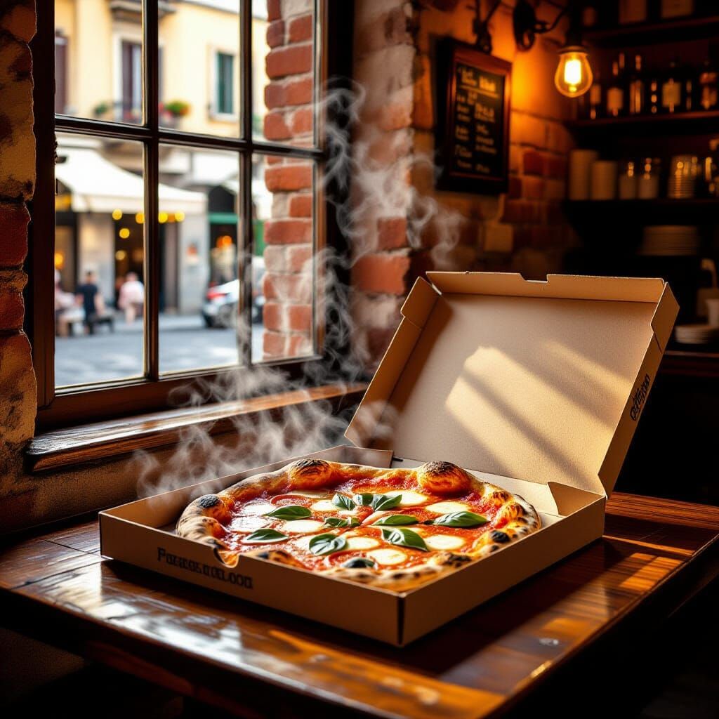 Authentic Neapolitan Pizza on Rustic Table, Oil Painting Sty...