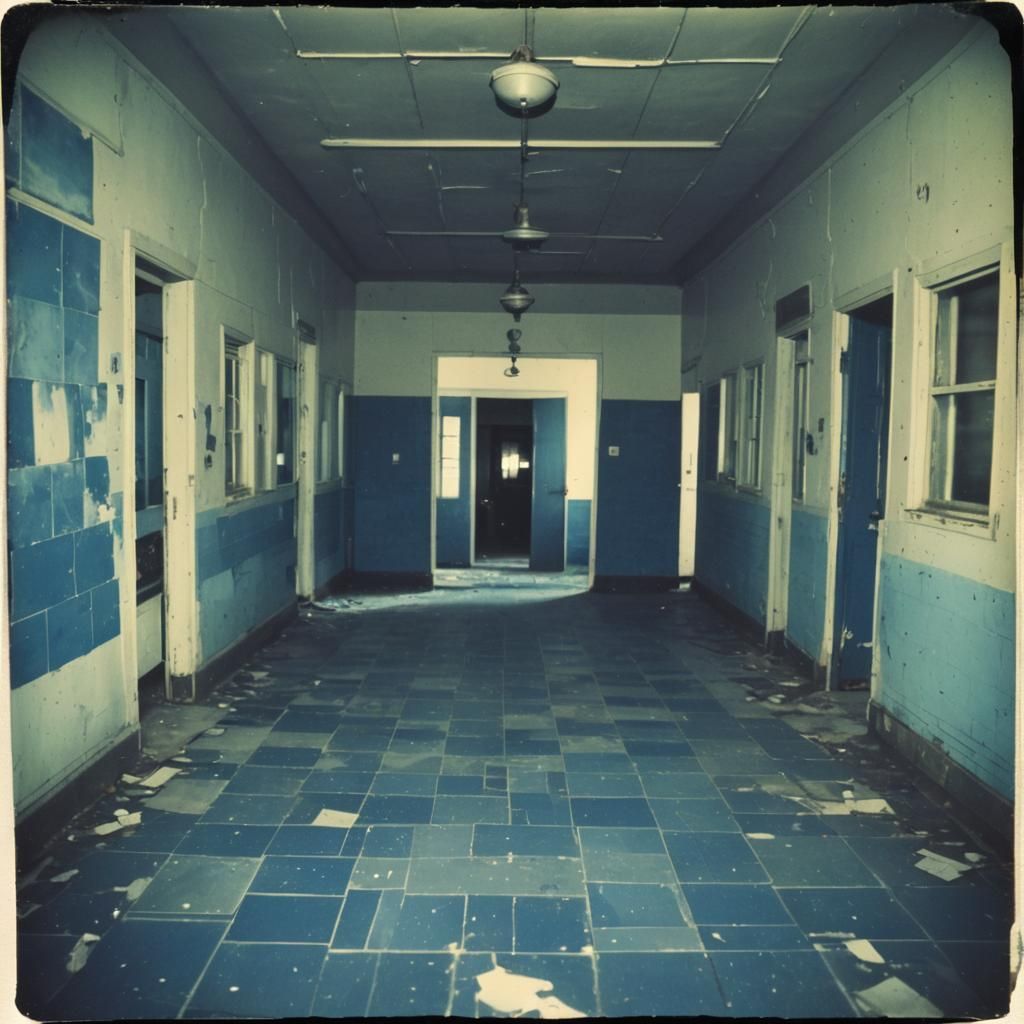 Abandoned Blue Asylum in Vintage Polaroid Style