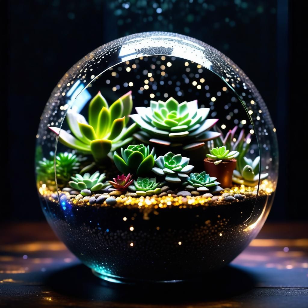 Succulent Terrarium with Glitter Rain and Bokeh