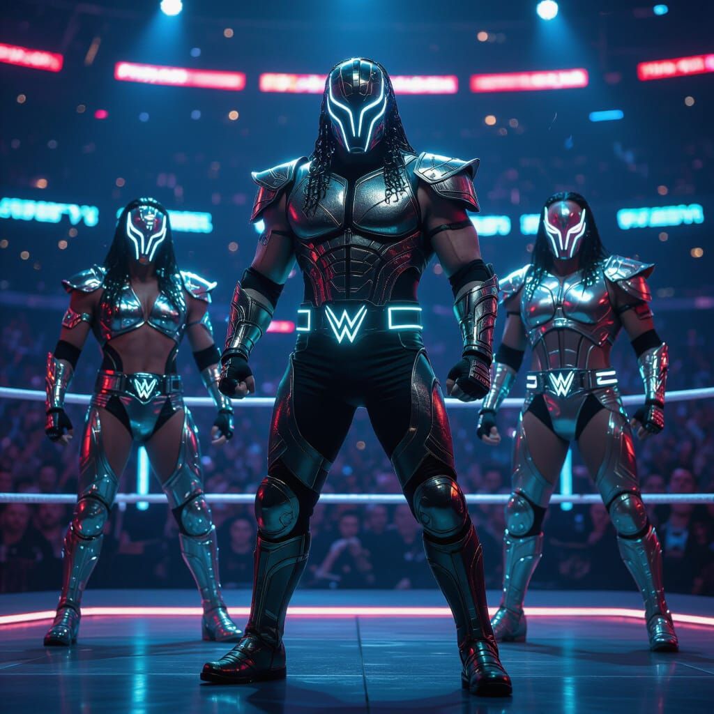 Futuristic WWE Wrestlers in Sci-Fi Arena, Retro-Futuristic S...