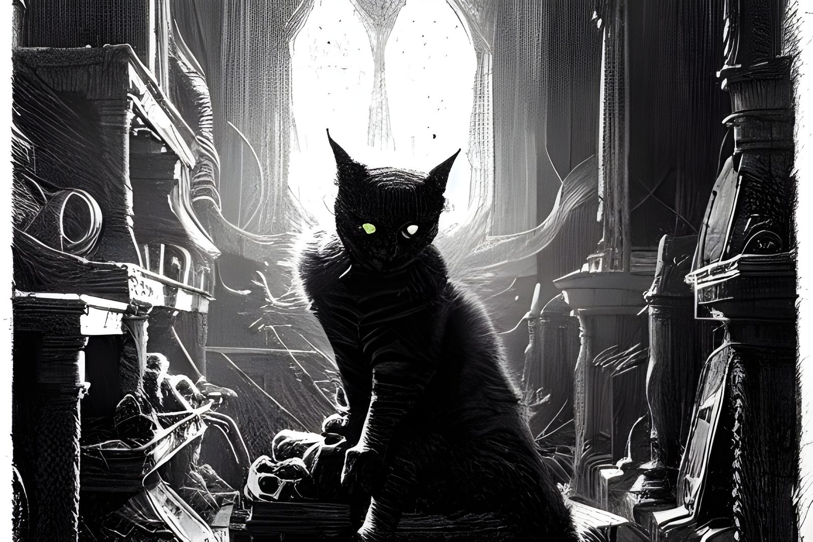 Sinister Cats Unleash Chaos: A Gothic Horror Scene
