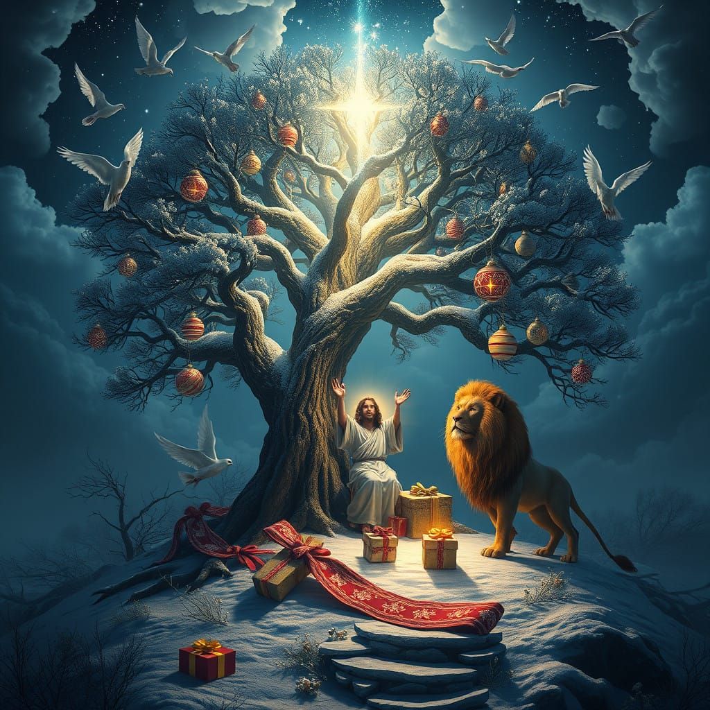 Jesus Amidst the Tree of Life in Vibrant, Fantastical Splend...