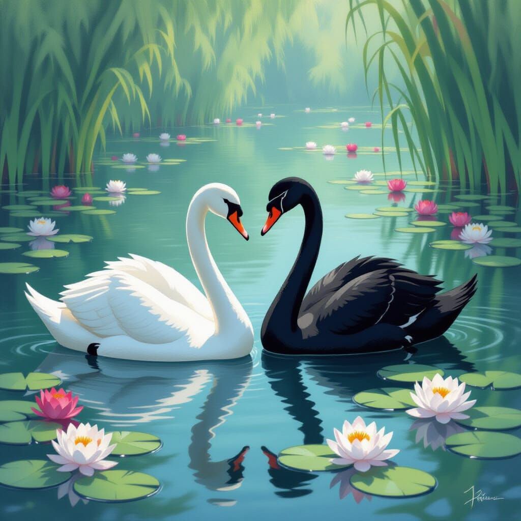 Swans in Lily Pond: An Impressionist Painting