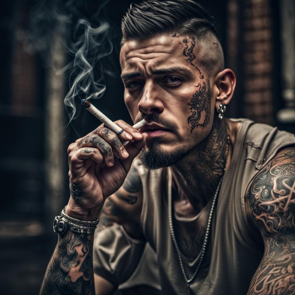 Hyperrealistic Tattooed Man Smoking, Cinematic Style