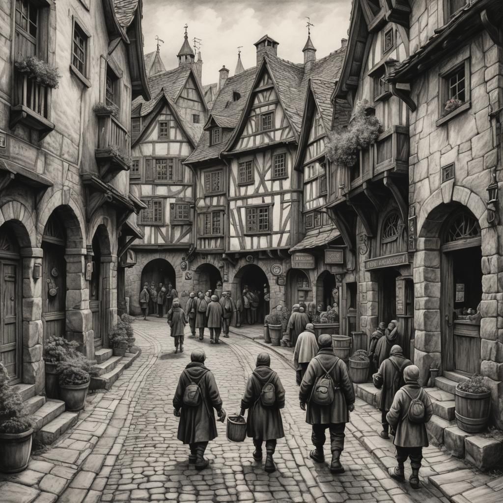 Detailed Charcoal Drawing of a Medieval Dwarf Town