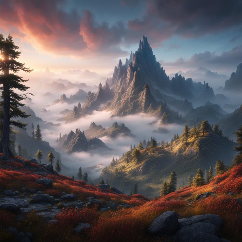 Misty Mountain Landscape in Detailed Matte Painting Style