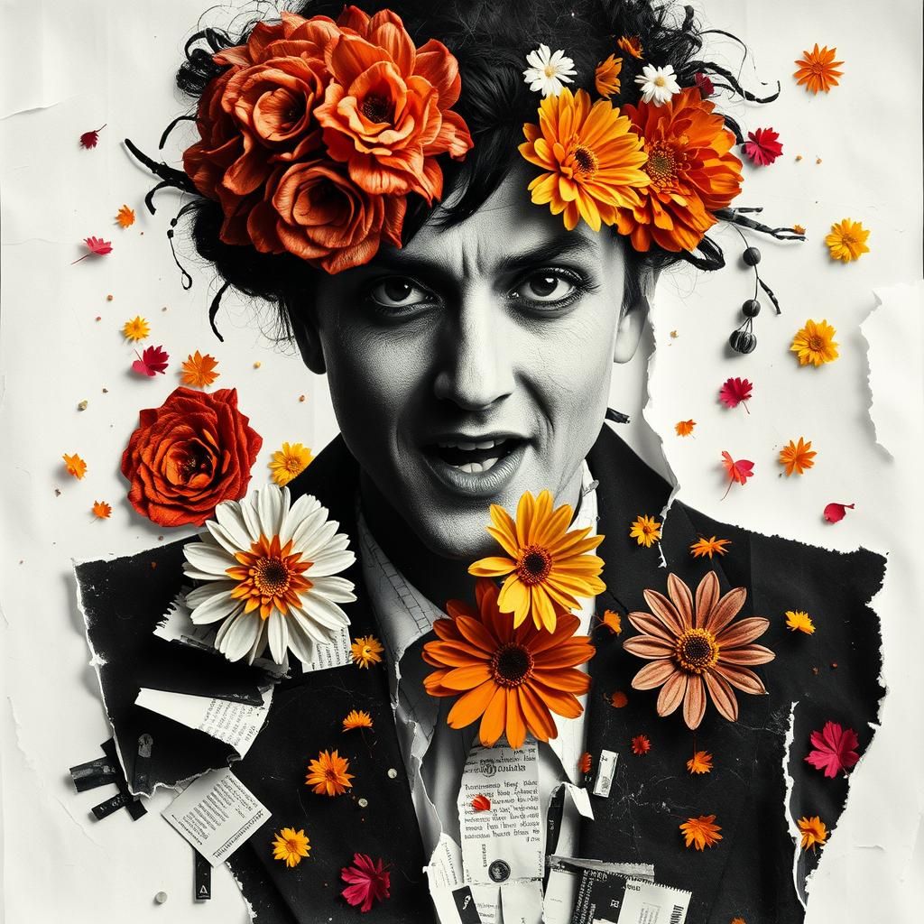 Dadaist Torn Paper Portrait with Flowers and Newspaper