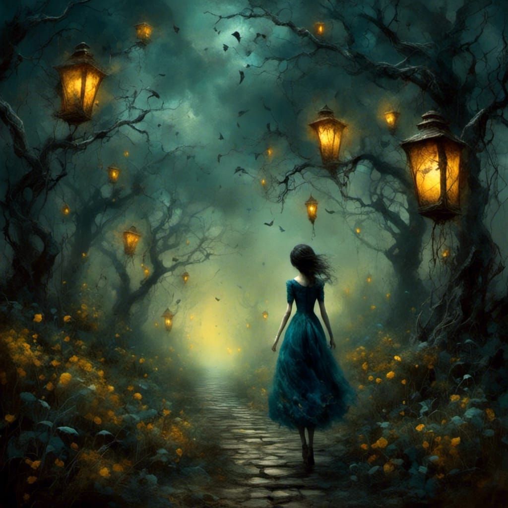 Eerie Figure on Twisted Brick Road: Dark Fantasy Art