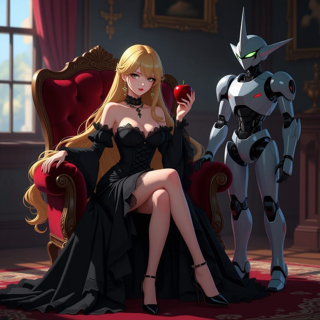 Gothic Victorian Woman and Robot in Moody Lighting