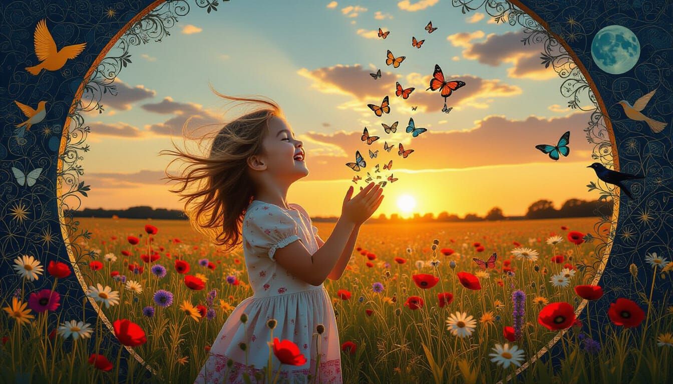 Surreal Sculpture: Child in Wildflower Field at Sunset