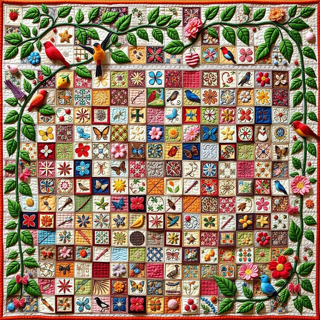 Whimsical Quilt in Vibrant Folk Art Style