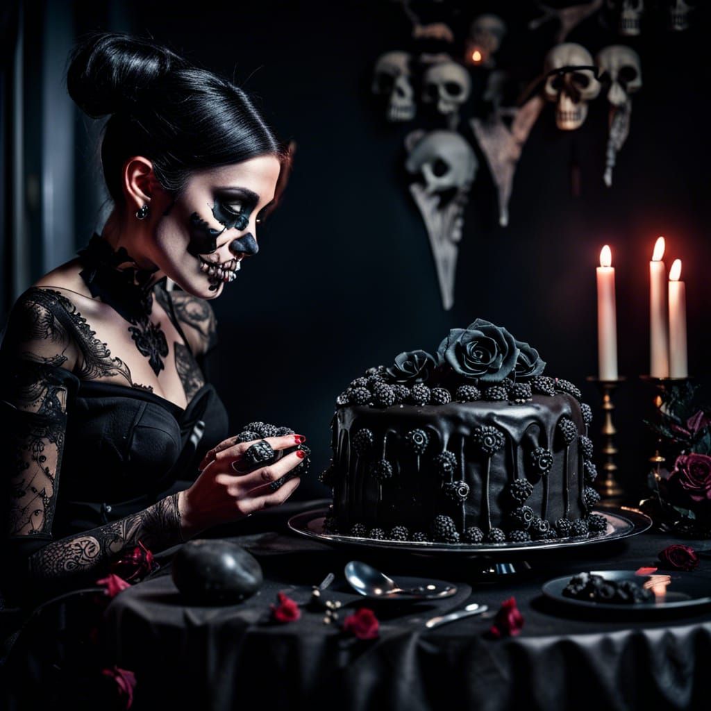 Gothic Cake with Skulls and Black Roses