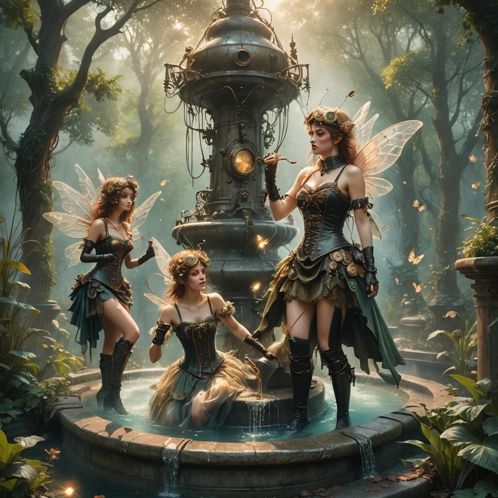 Steampunk Fairies Playing in a Misty Fountain