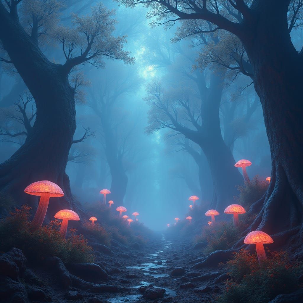 Ethereal Dreamscape with Luminous Flora and Aurora