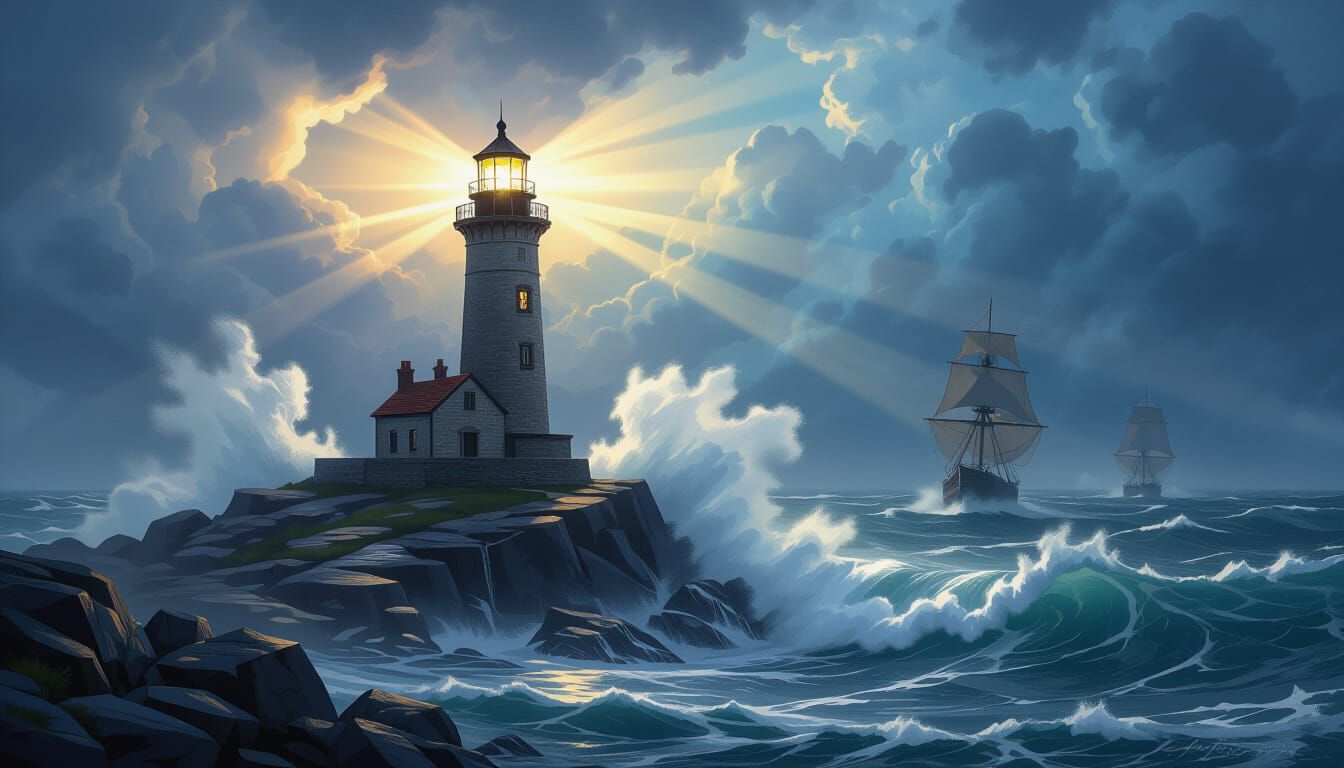 Lighthouse Guides Ancient Ships Through Stormy Seas