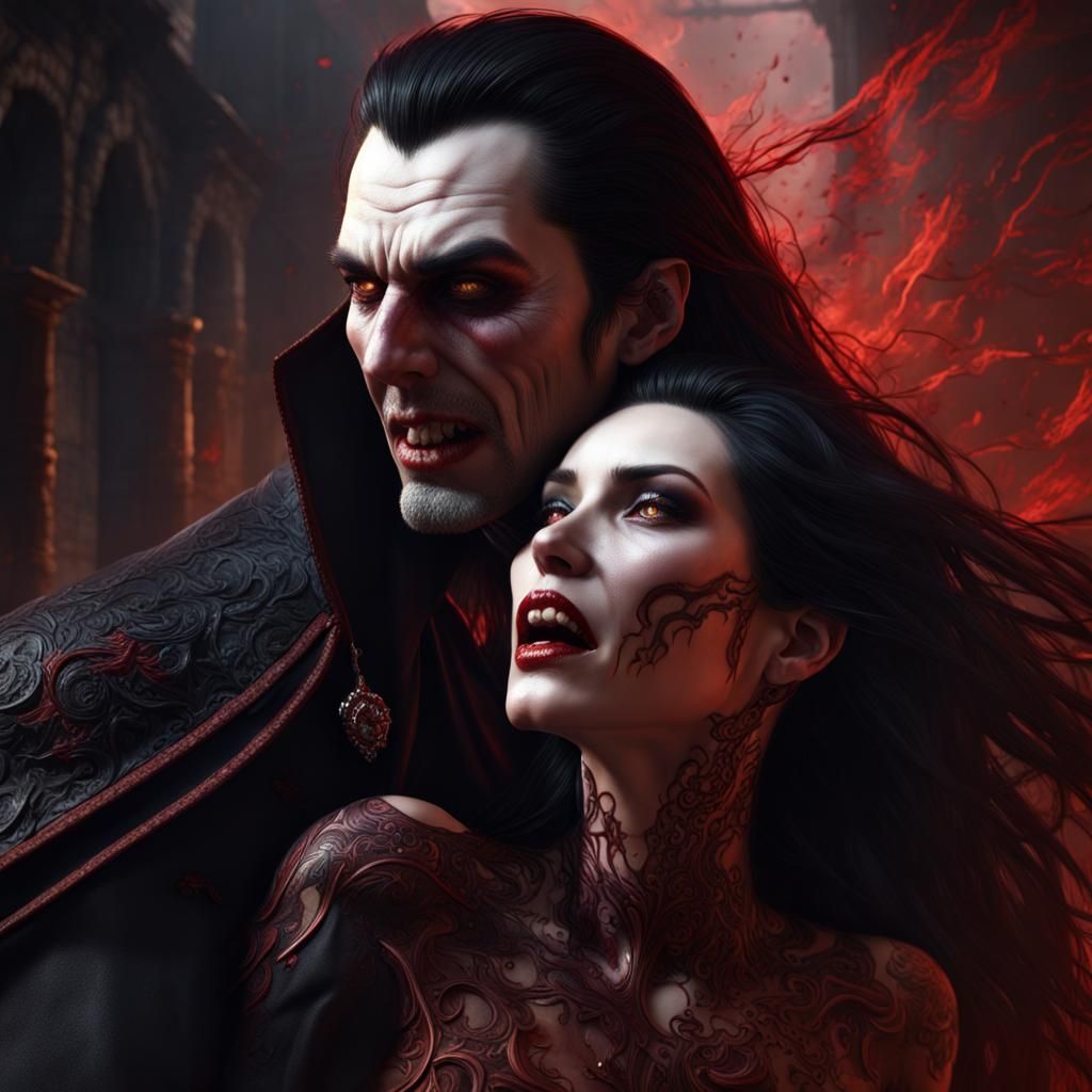 Vampire Woman Draining Victim, Detailed Matte Painting