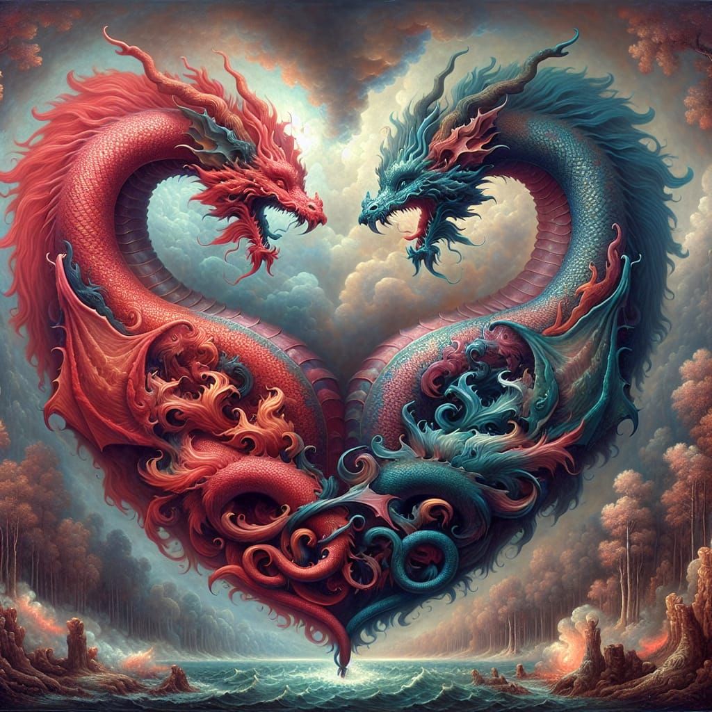 Dragons Form Heart in Romantic Oil Painting