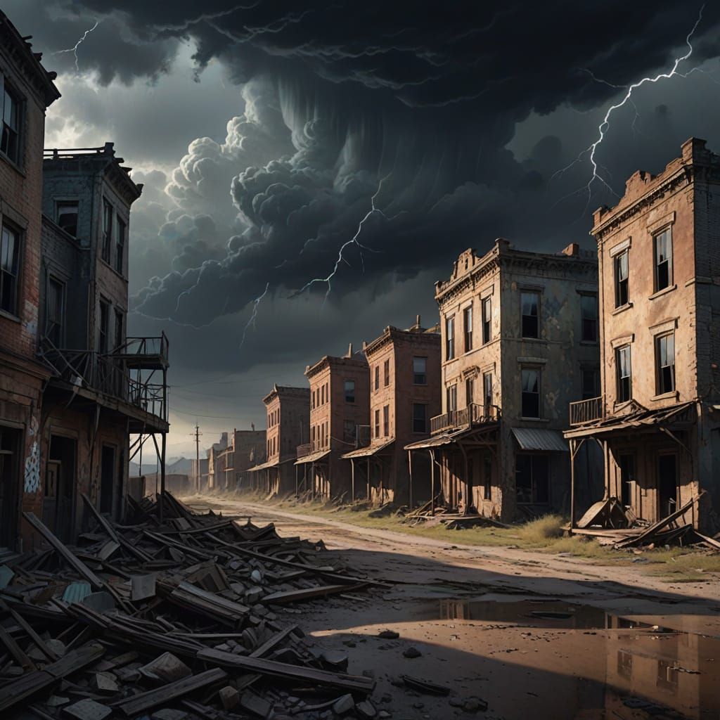 Abandoned Ghost Town Under Stormy Skies
