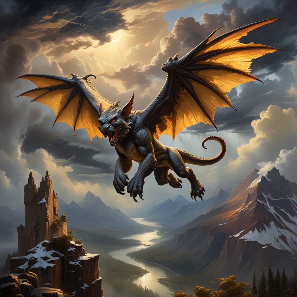 Gargoyle Soaring Through Stormy Sky as Oil Painting