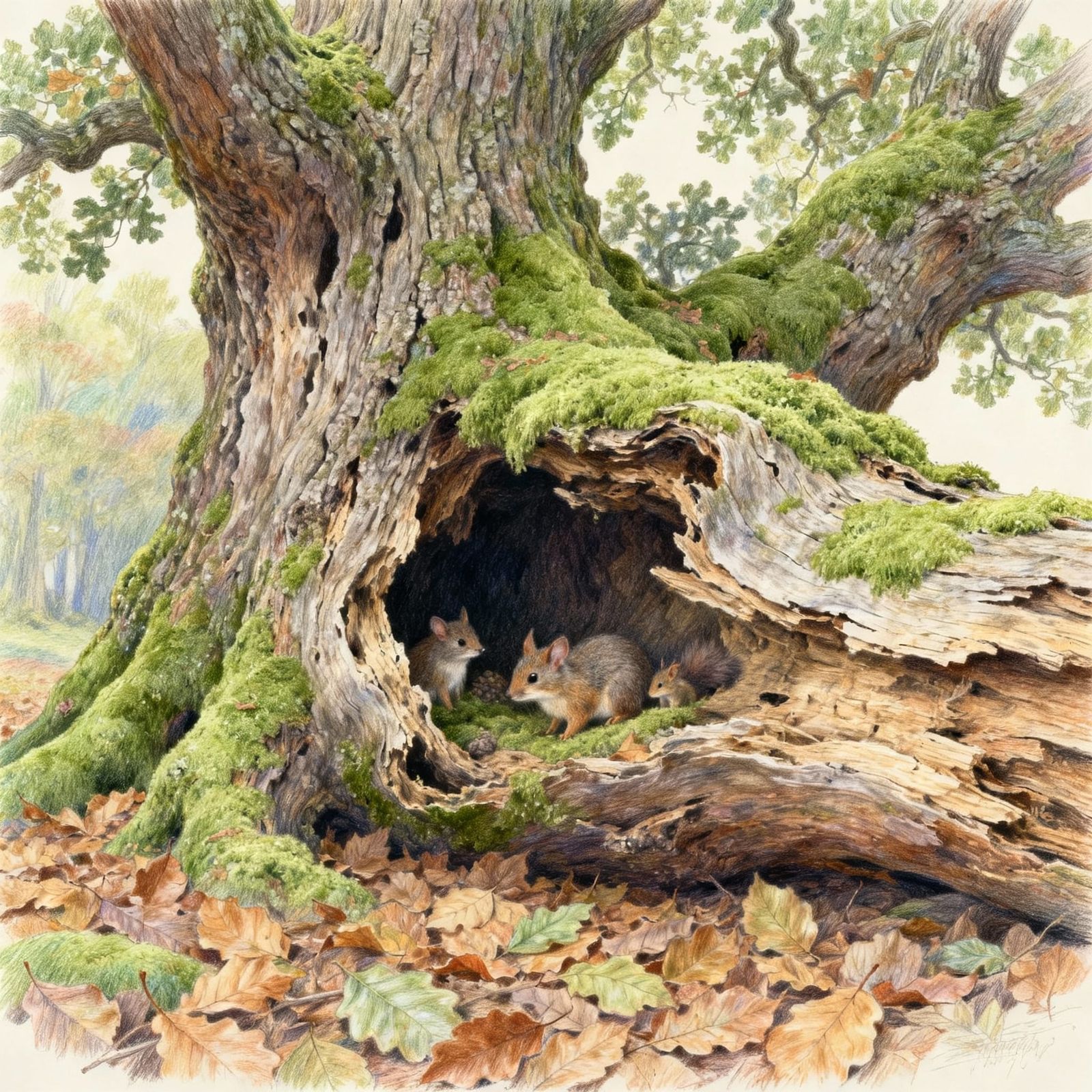 Fallen Tree Home for Forest Creatures in Colored Pencil Styl...