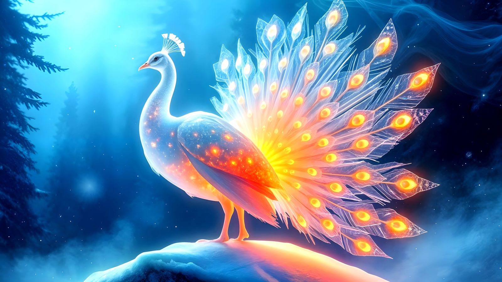 Glowing Icy Peacock of Majestic Beauty in Cosmic Frost