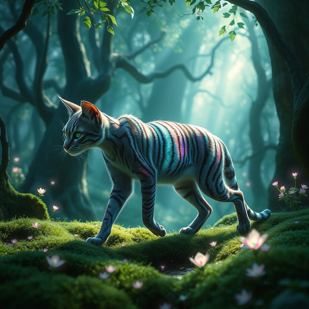 Mystical Forest Feline Spirit in Shimmering Stripes