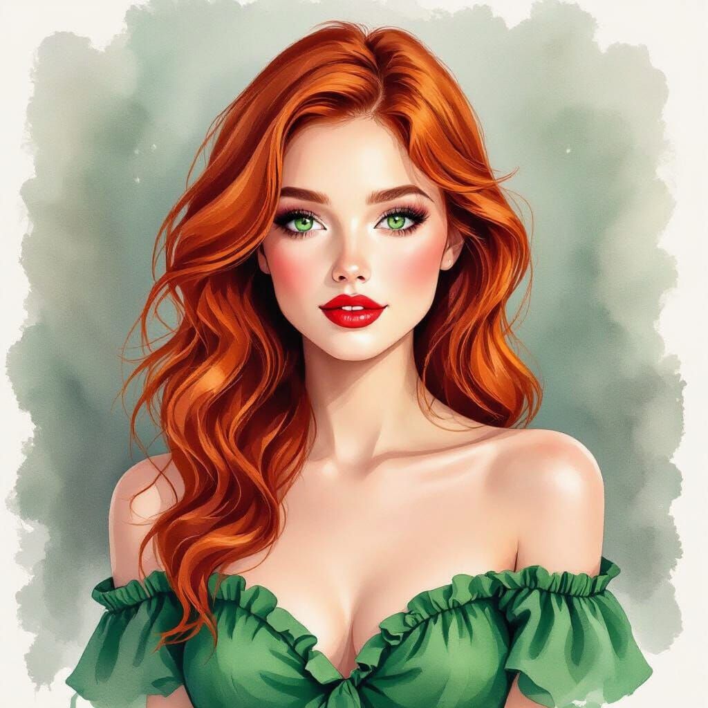 Redhead Girl in Green Silk Top Watercolour Painting