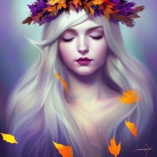 Art Deco Goddess with Autumn Leaves and Snow