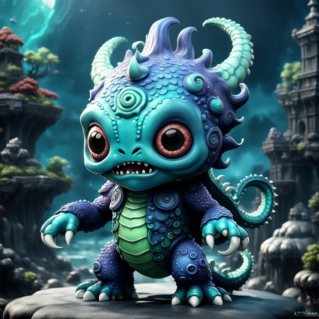 Chibi Porcelain Kaiju Kraken Doll: Detailed Matte Painting