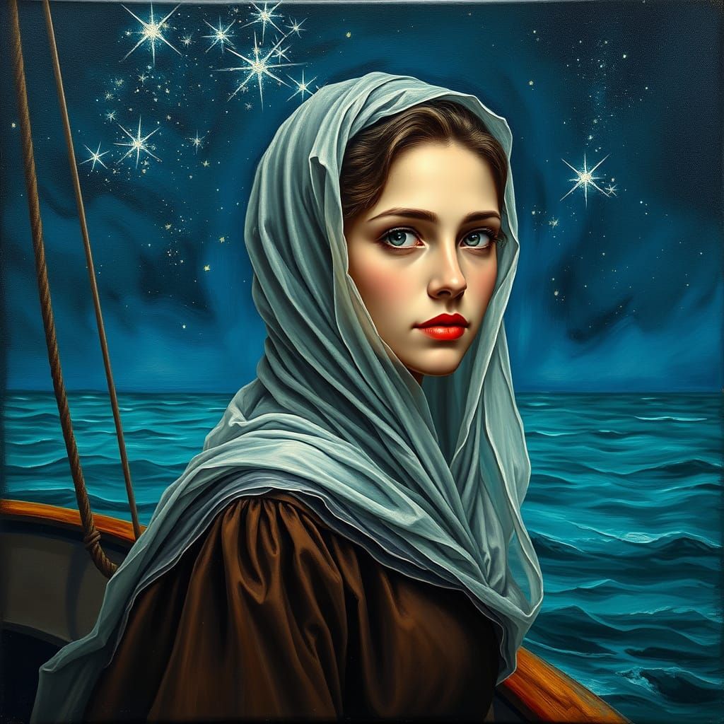 Ethereal Woman on a Starry Ship in a Chiaroscuro Night