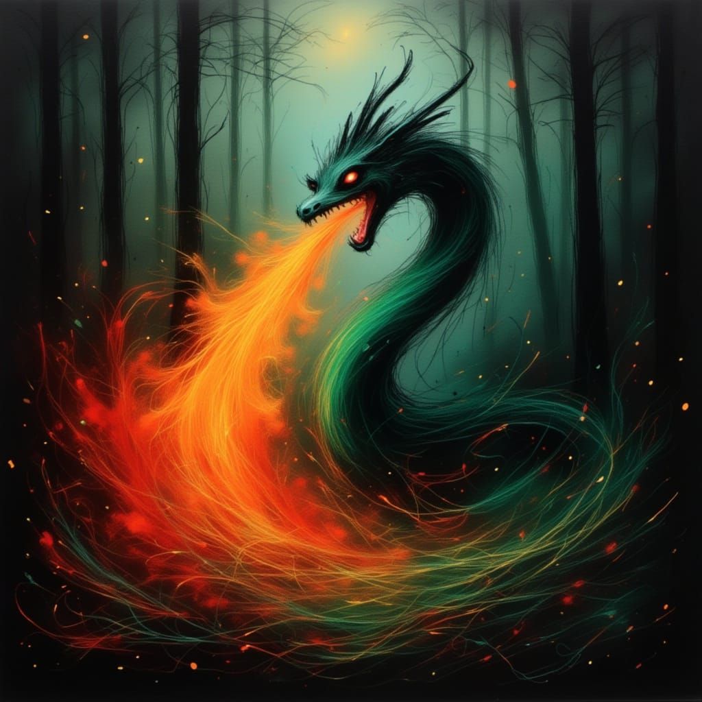 Emerald Dragon Unleashes Fiery Breath in Forest
