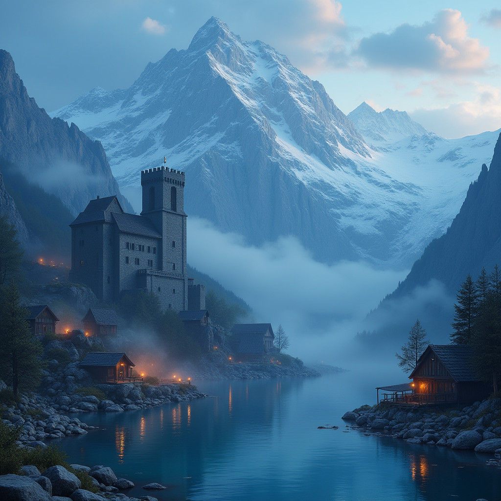 Majestic Castle Amidst Mountains and Glowing Lake