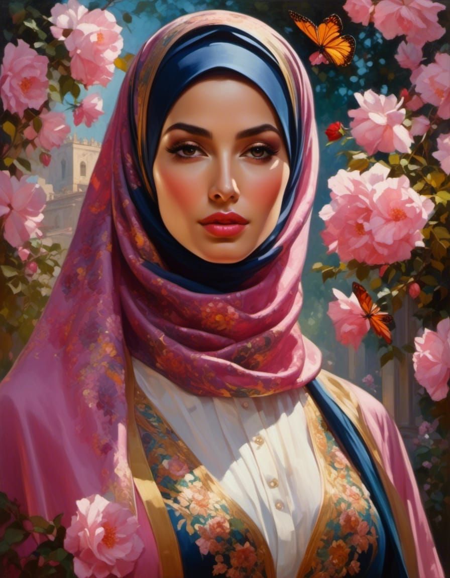 Elegant Hijabi Beauty in a Vibrant Sakura Garden