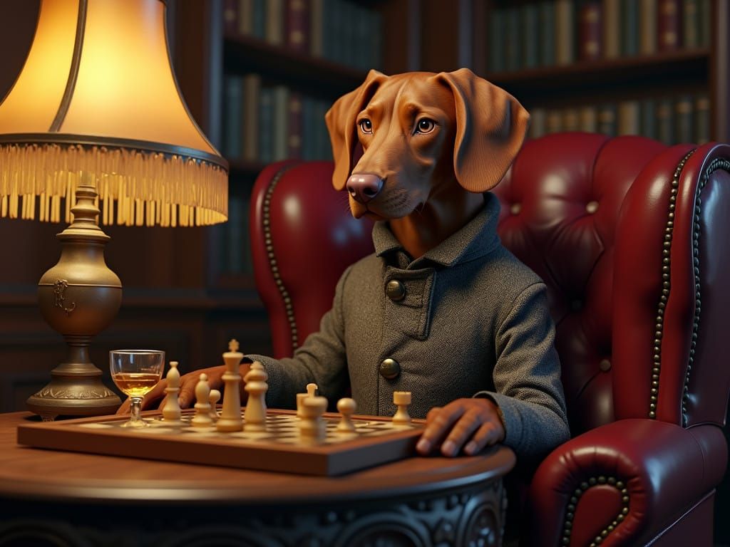 Vizsla Chess Master in Whimsical 19th-Century Gentlemen's Cl...