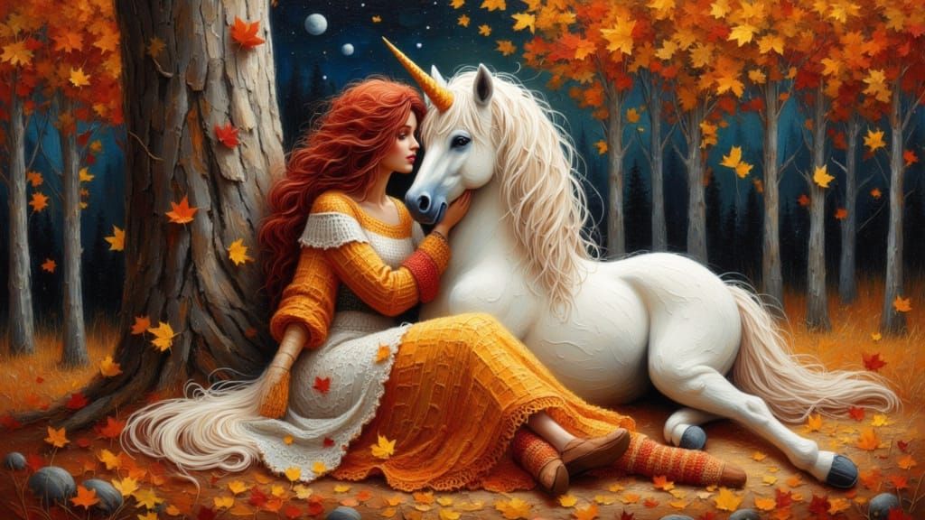 Magical Autumn Forest Scene with Woman and Unicorn