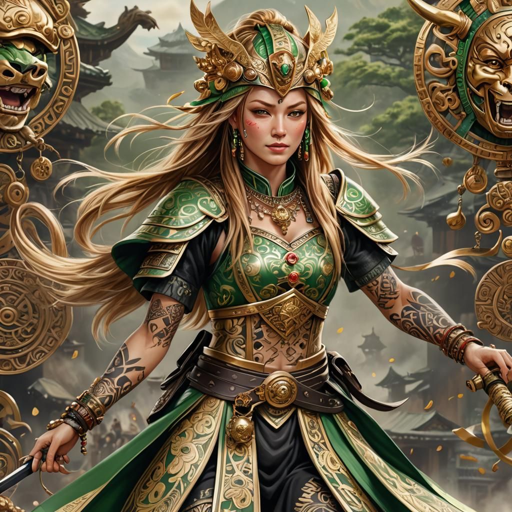 Woman with Samurai Helmet in Hyperrealistic 3D