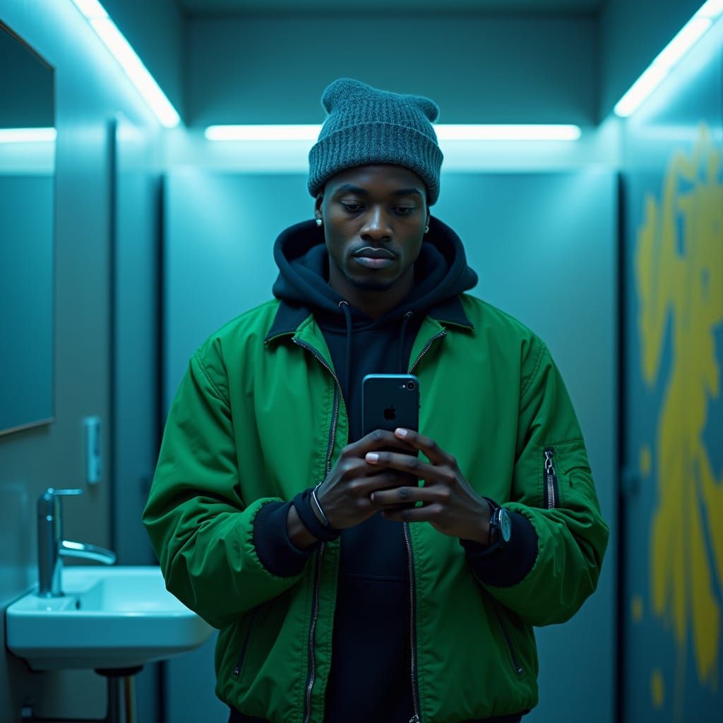 Young Man in Modern Public Restroom with Urban Flair