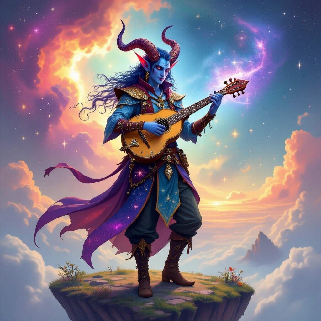 Tiefling Bard with Stardust Lute on Floating Island in Nebul...