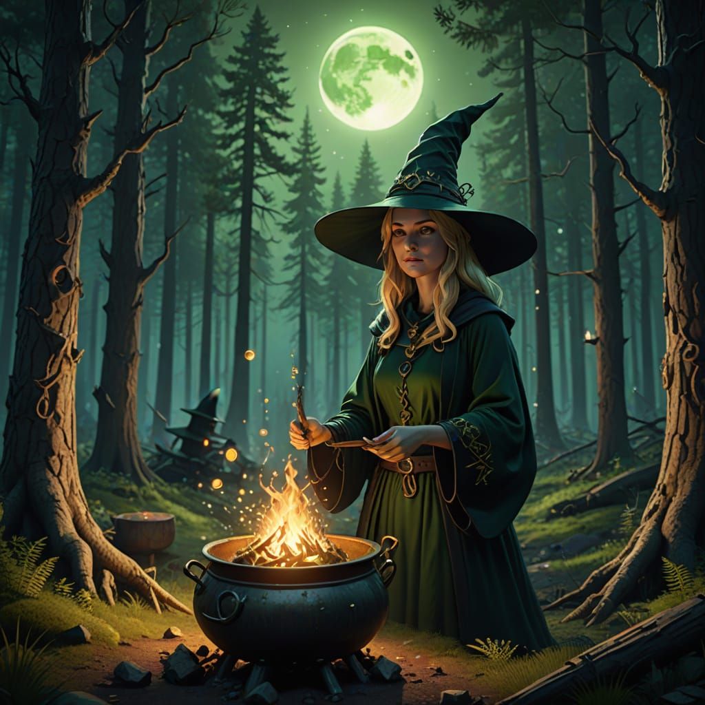 Enchanting Witch in Forest with Magic Wand and Cauldron