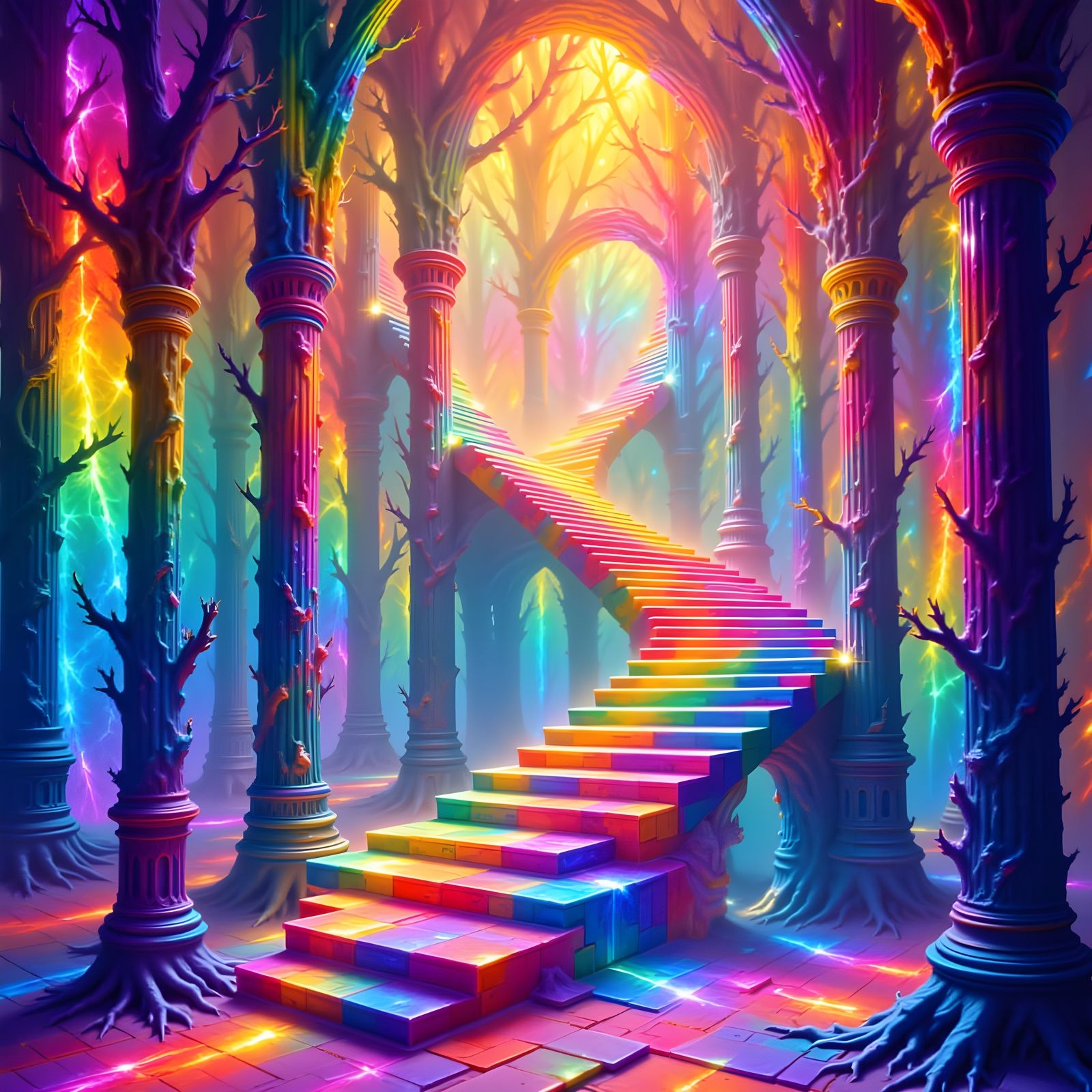 Escher-Inspired Rainbow Architecture in Red Tones