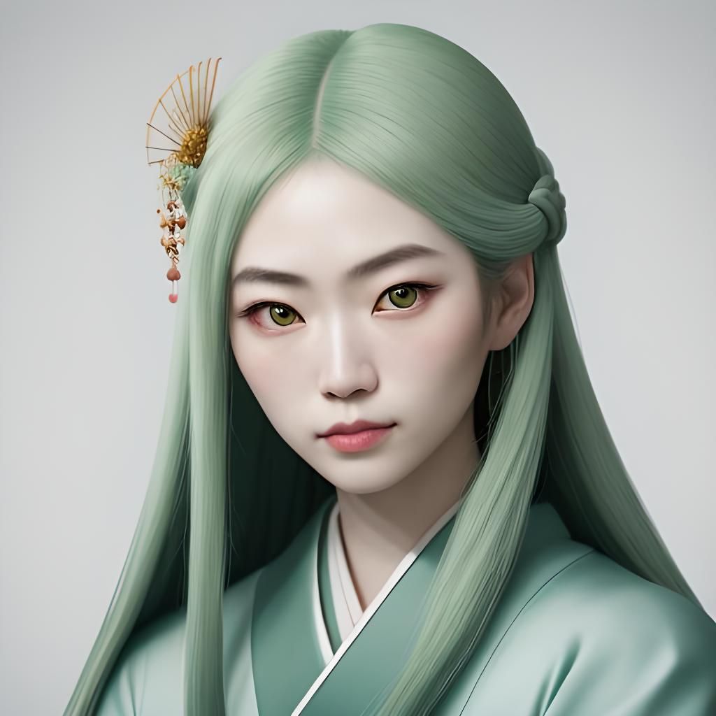 Elegant Green Portrait of Japanese Woman with Jewels