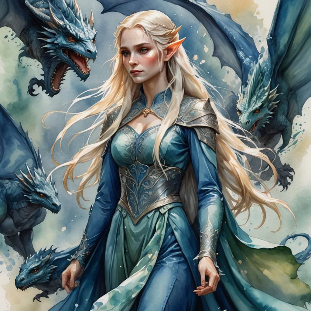 Fantasy Elf with Baby Dragon in Watercolor Style